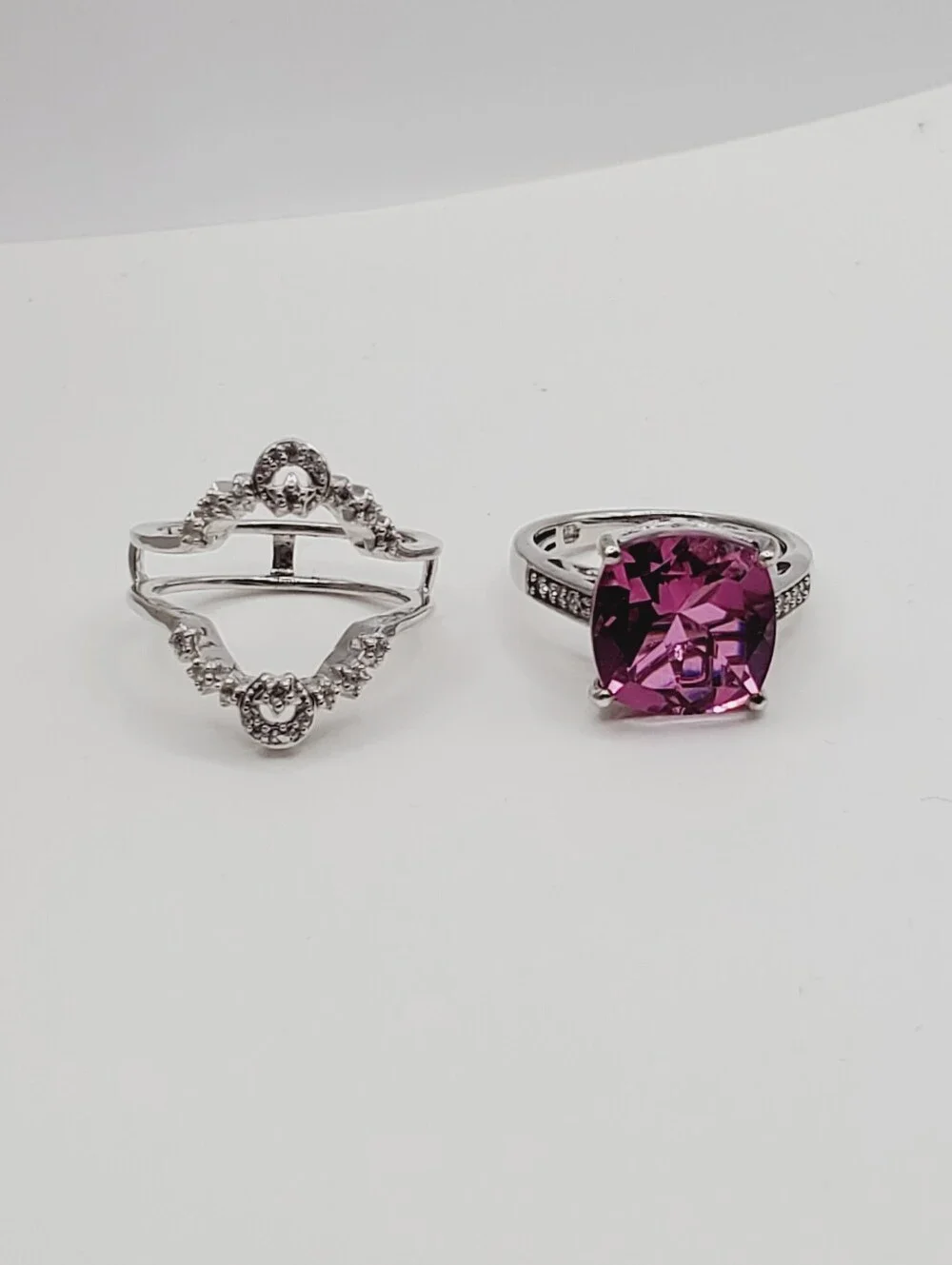 Cushion Pink Quartz & White Zircon Halo Bridal Wedding Ring Set Platinum - 925